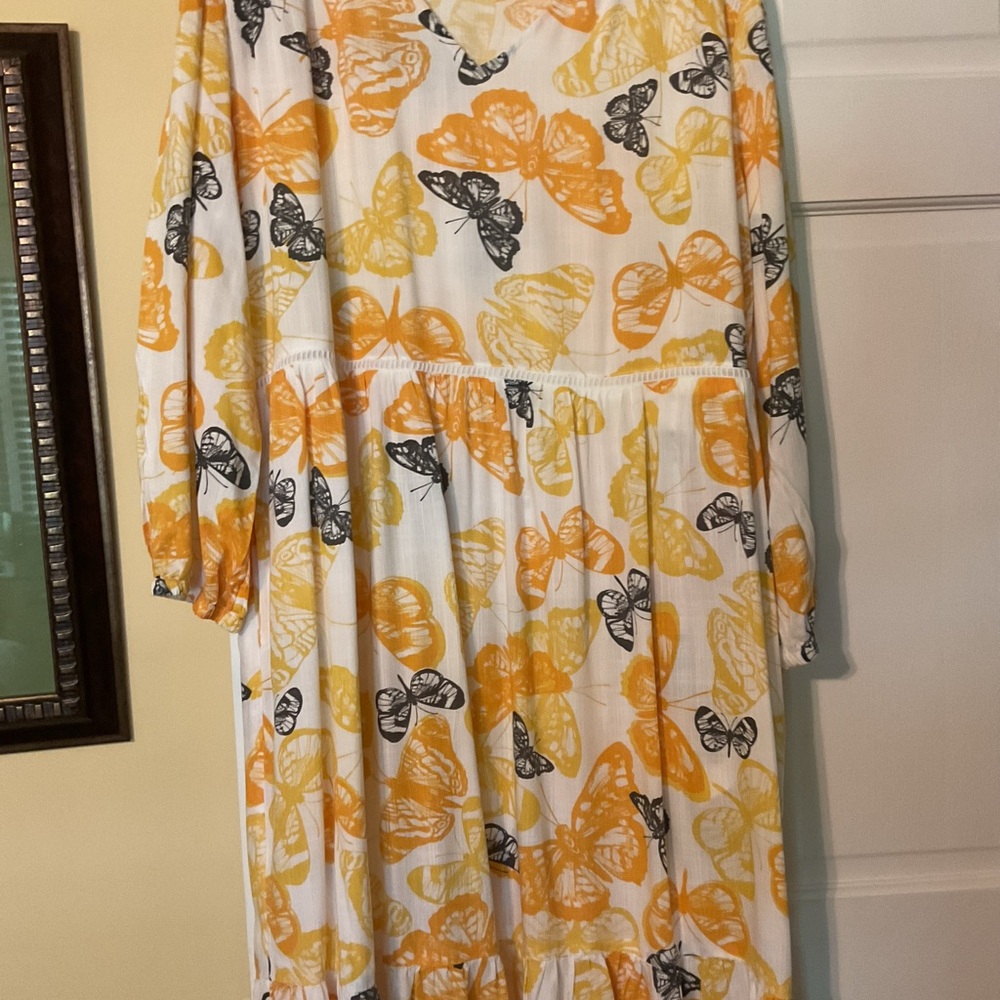 Butterfly Print Maxi Dress - White, Orange, Black